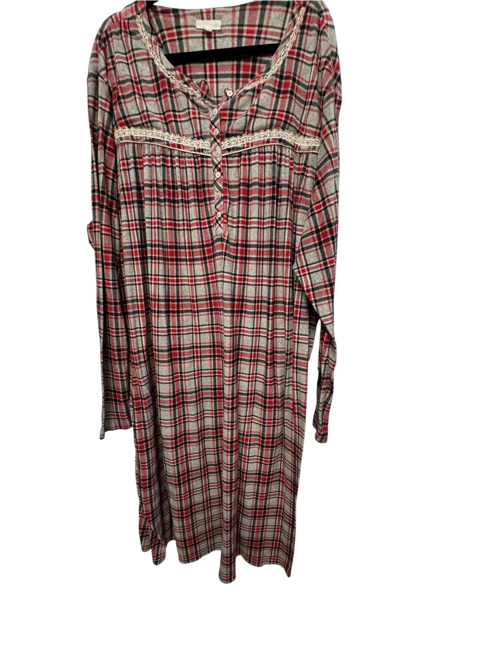 Plaid Button-Front Polar Fleece Nightgown with Lace Trim